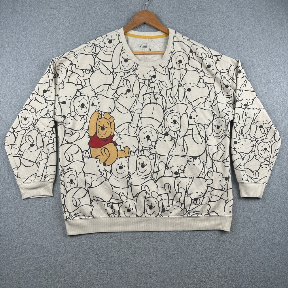 Disney Winnie the Pooh Sweatshirt Womens L Ivory All Over Print Pullover Disney